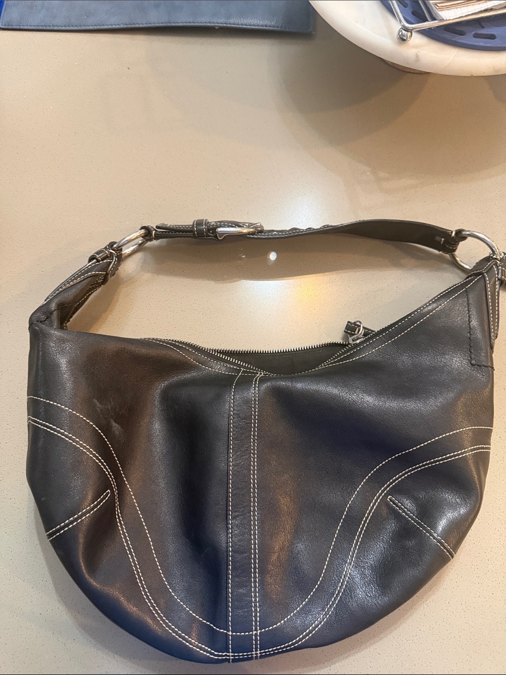 Classic Black Leather Hobo Bag with Contrast Stitching